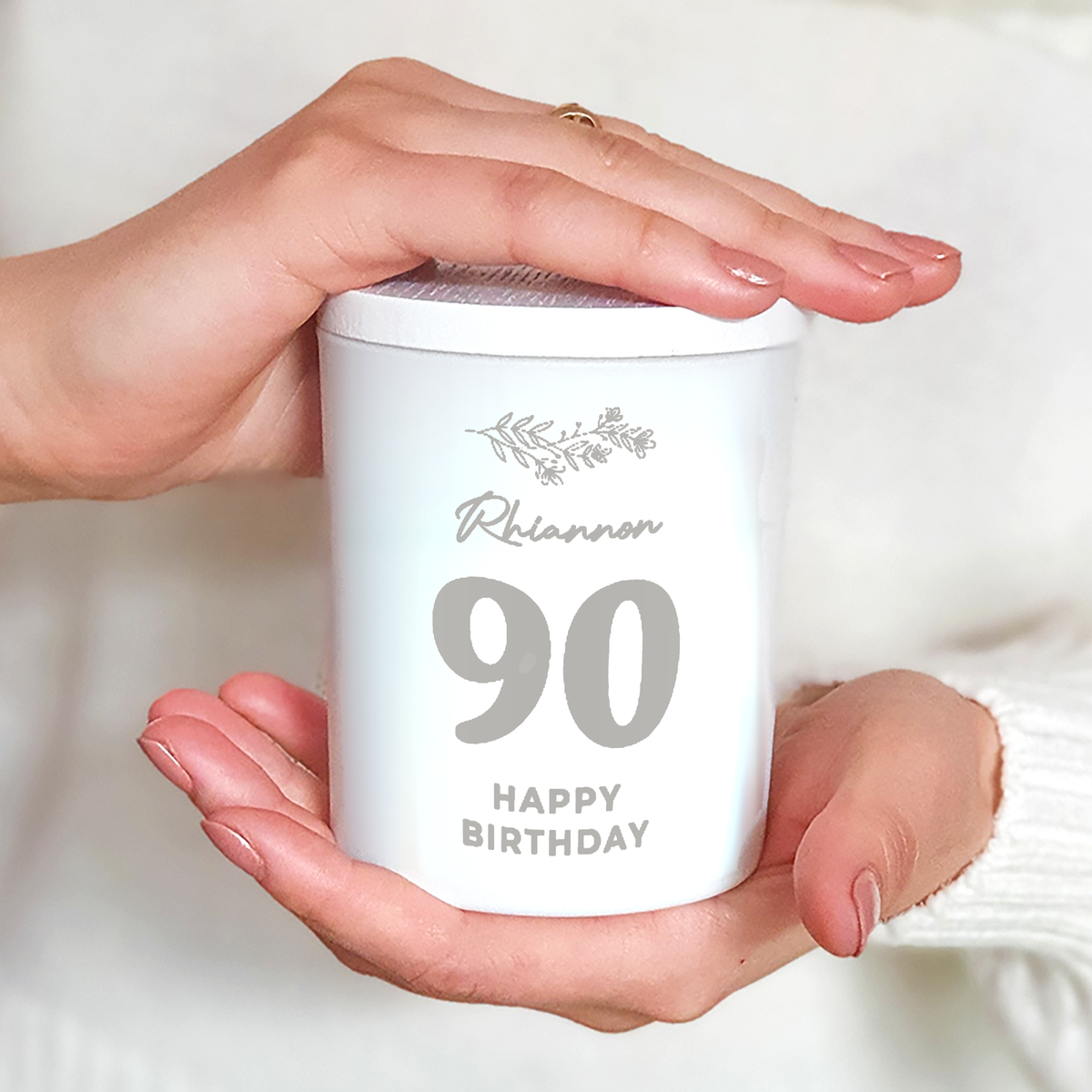 Engraved Personalised 90th Birthday Candle, frosted white jar