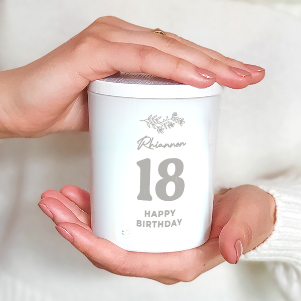 Engraved Personalised 18th Birthday Candle, frosted white jar