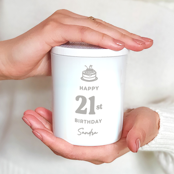 Engraved Personalised 21st Birthday Candle, frosted white jar