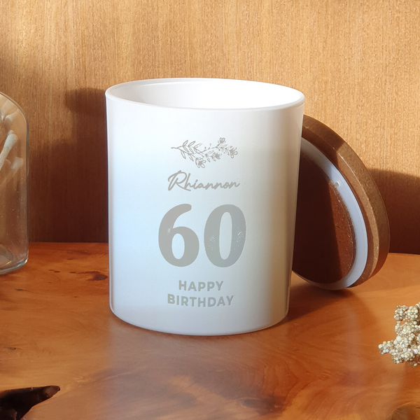 Engraved Personalised 60th Birthday Candle, frosted white jar