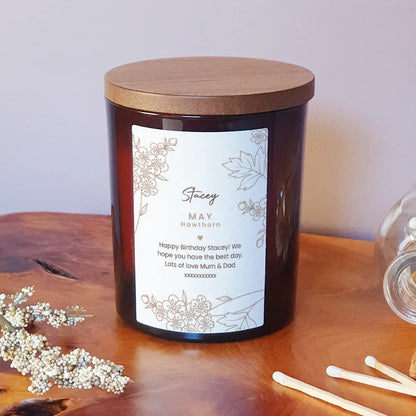 May Custom Birthday Flower Candle – Personalised Gift with Hawthorn