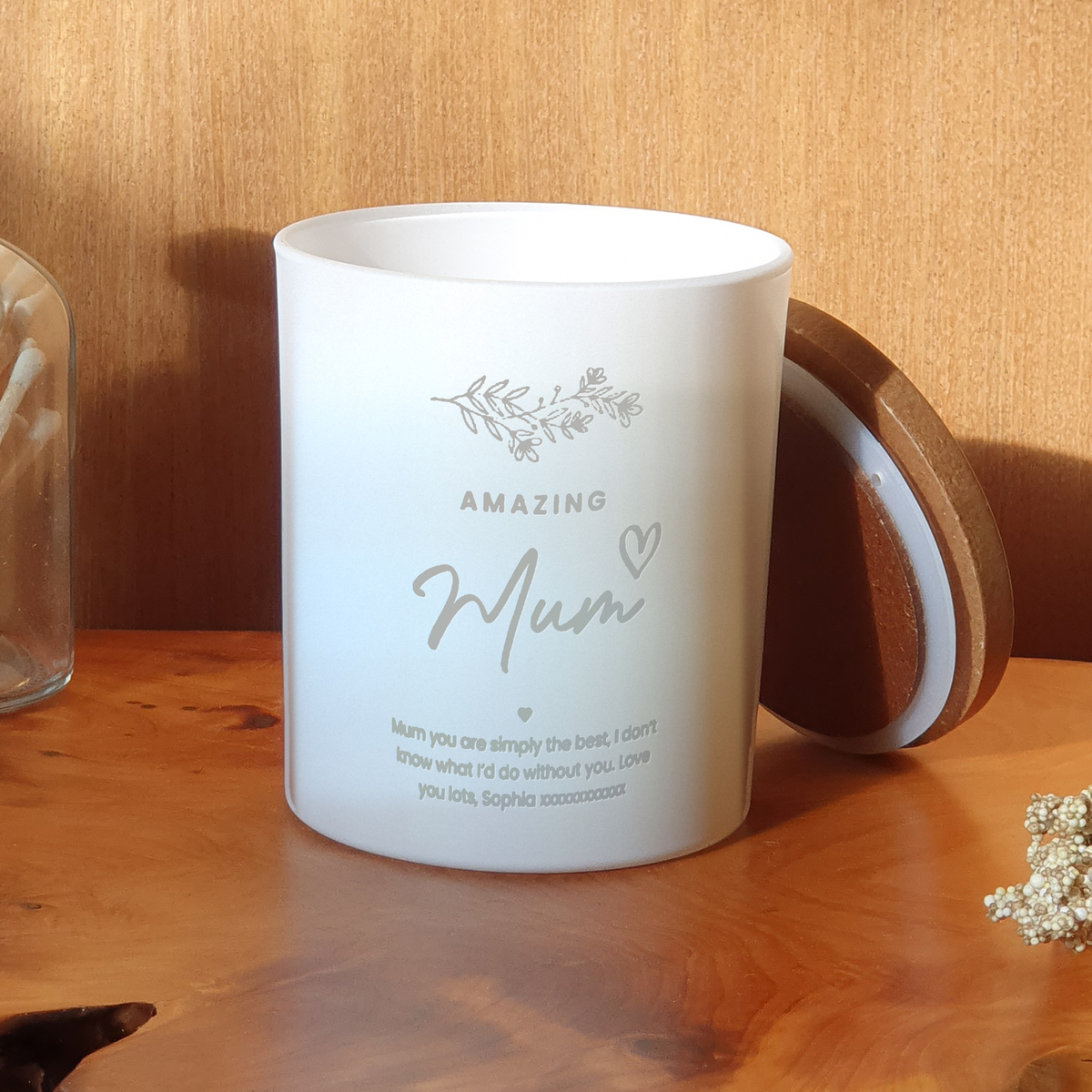 Engraved Amazing Mum Candle, frosted white jar