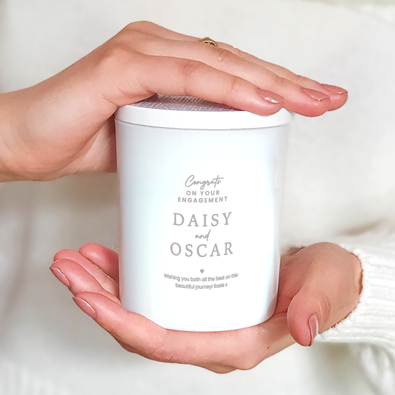 Engraved Engagement Candle Gift, frosted white jar