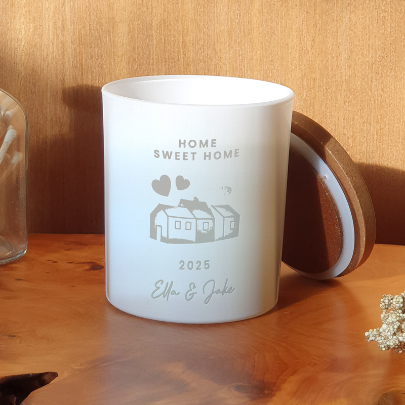 Engraved Personalised Home Sweet Home Candle, frosted white jar