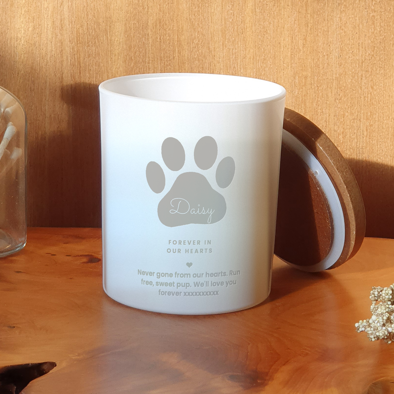 Engraved Memorial Candle for a Lost Pet, frosted white jar