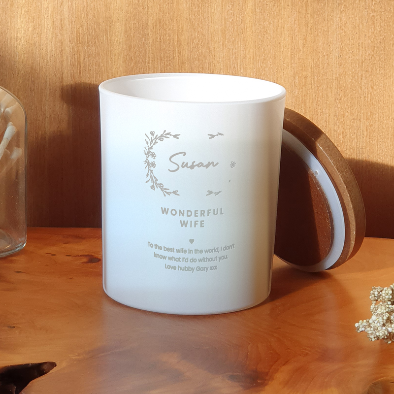 Engraved Personalised Candle for Wife, frosted white jar